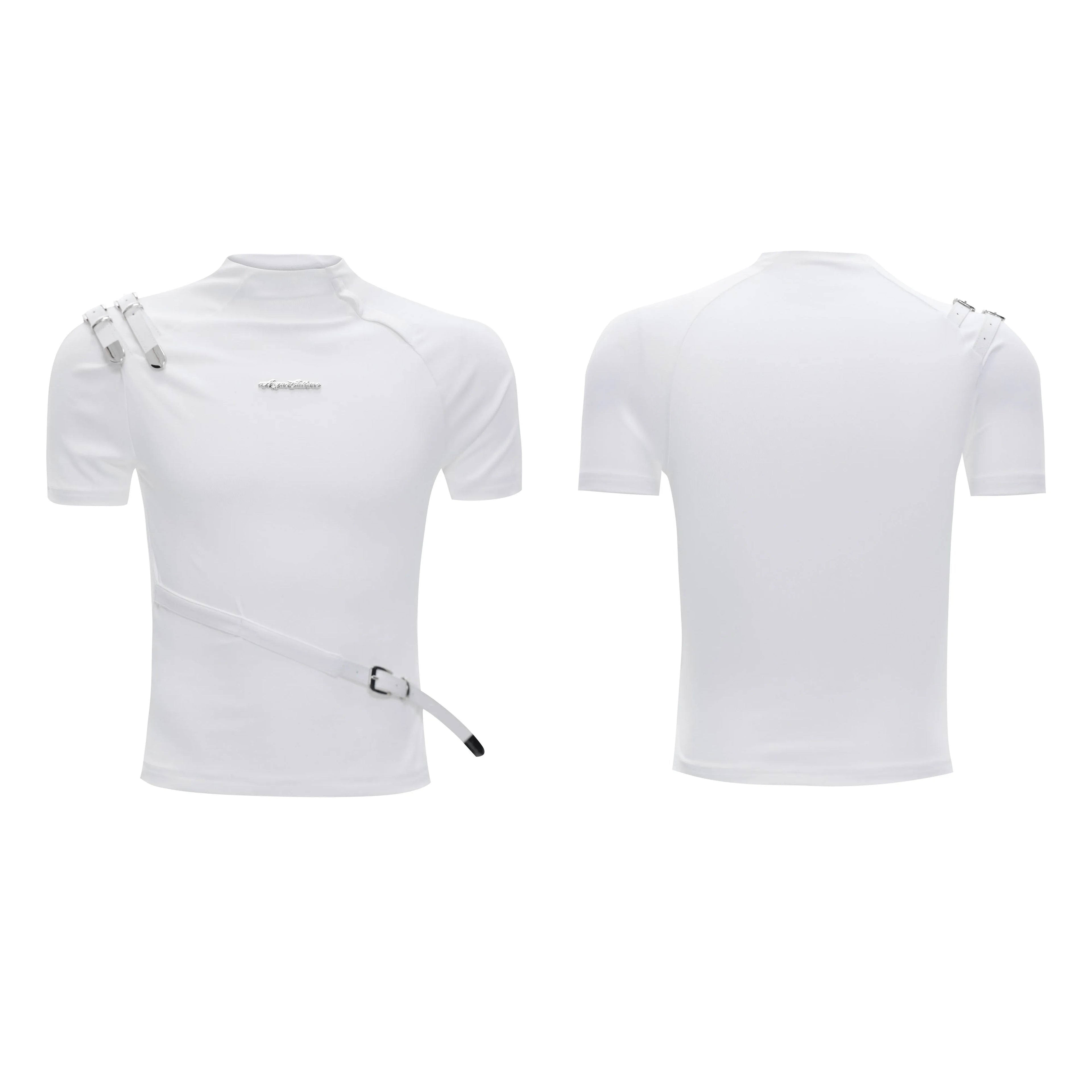 Men's slim fit T-shirt with metal belt design and stand-up collar in cotton