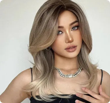 Mid-length platinum gradient colour wig with long curly hair and bangs in synthetic high-temperature fibre