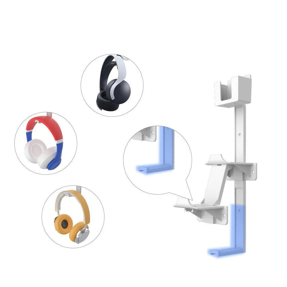 White ABS plastic wall hook holding a PS5 controller and gaming headset.