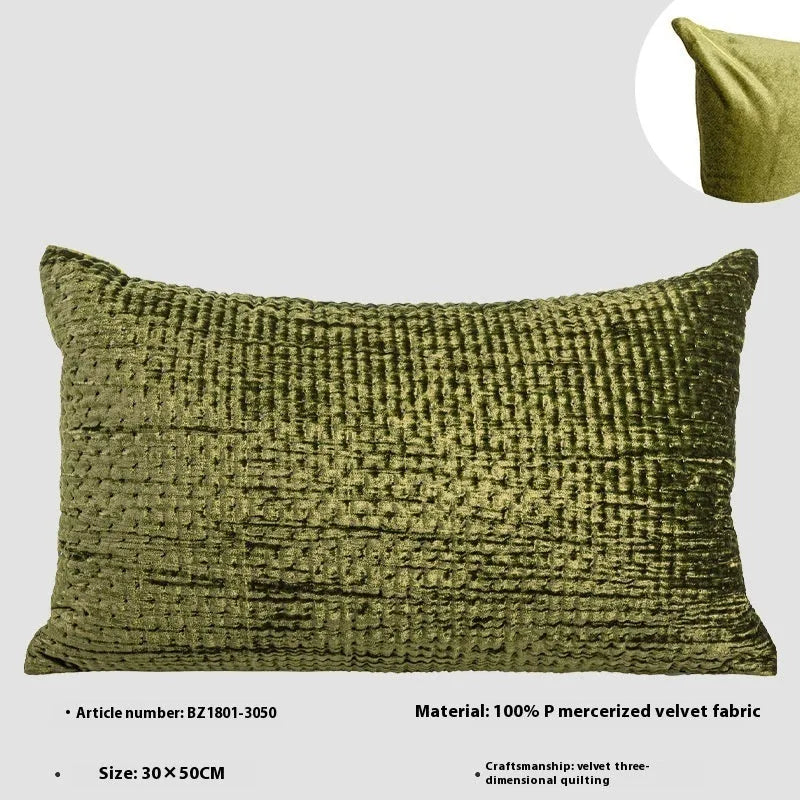 Chinese style antique modern quilted cushion pillow in velvet, shown in square and waist sizes.
