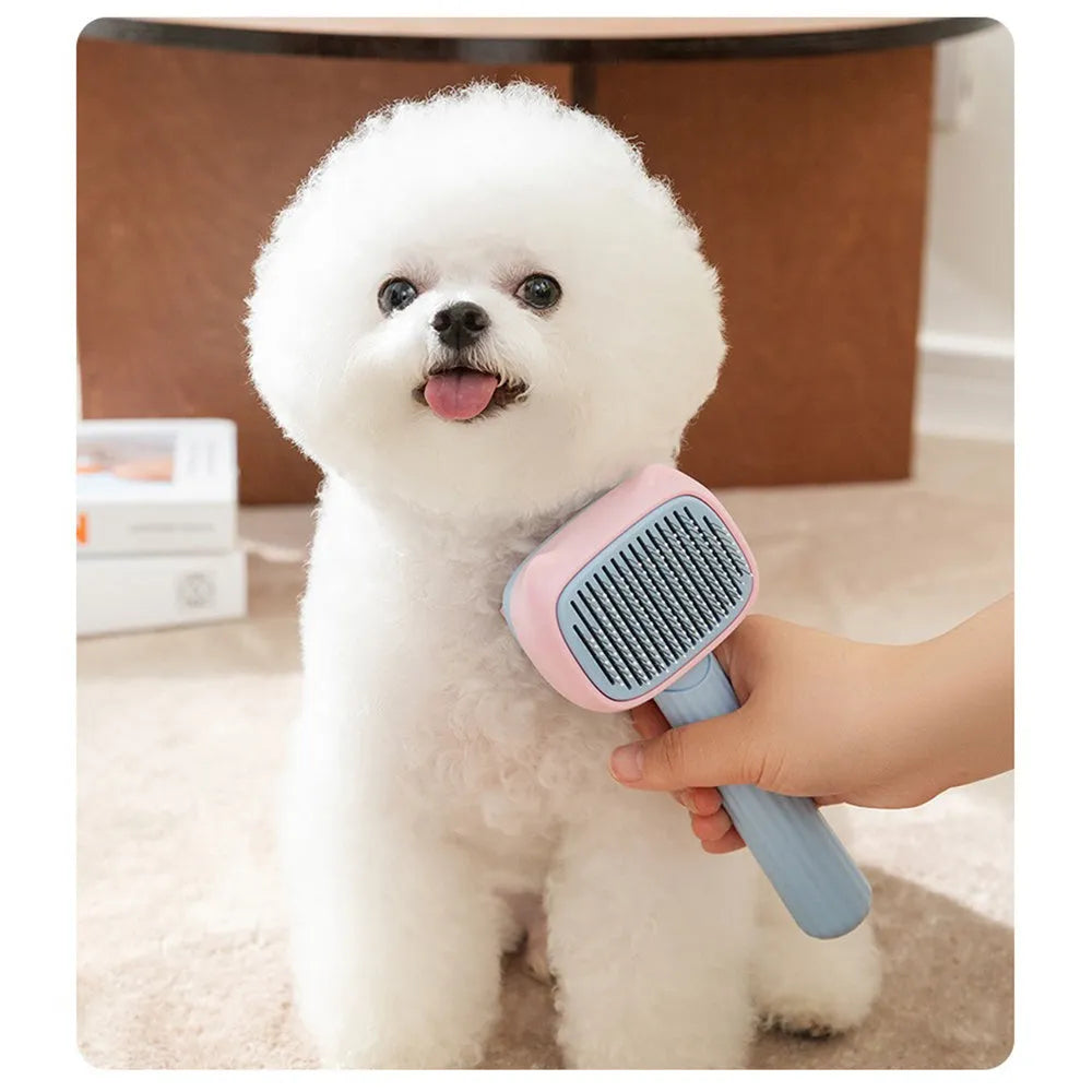 Blue double-sided pet grooming brush with deshedding rake and dematting comb on a wooden surface.