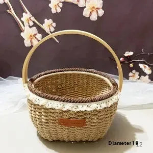 Coffee brown hand-woven hemp rope basket with straw trim, shown from the side.