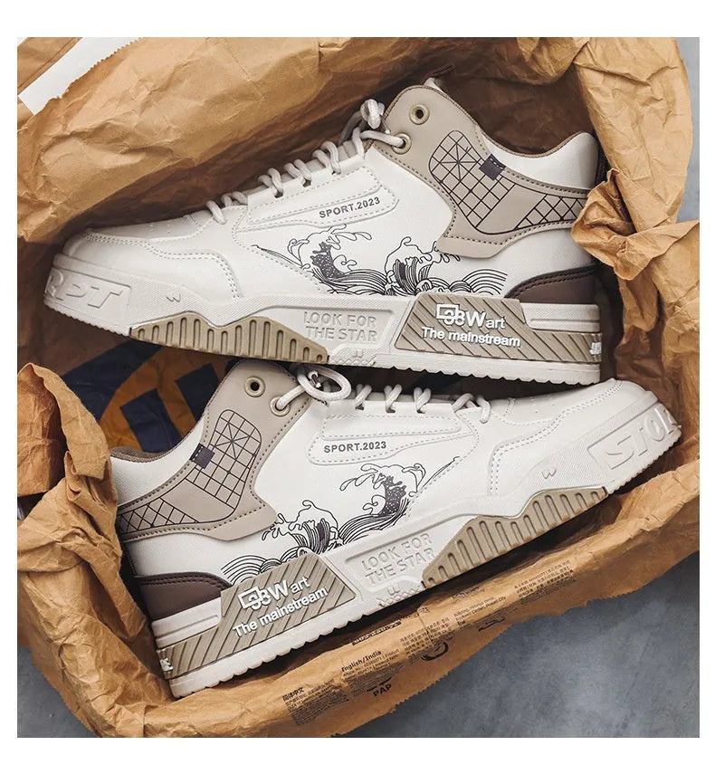 Men's beige, white and blue high-top board shoes with lace-up front and rubber sole.