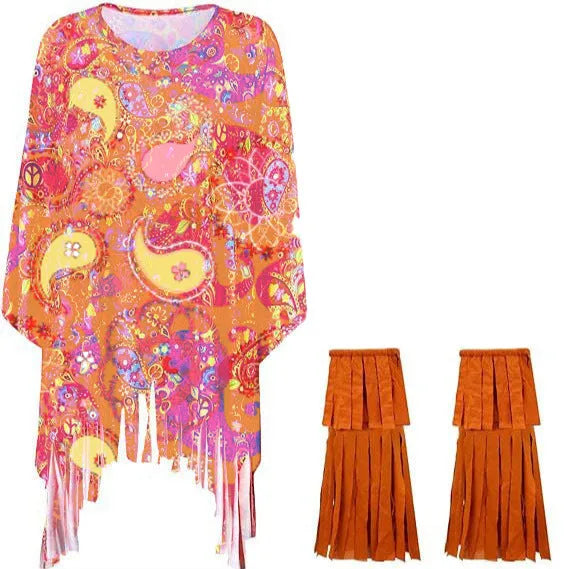 Colourful tie dye spandex cloak costume with voluminous bell sleeves for Halloween.