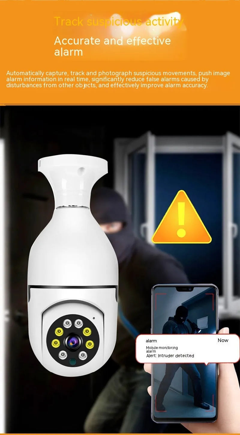 Wireless WiFi bulb security camera with compact design showing 1080p full colour night vision capability