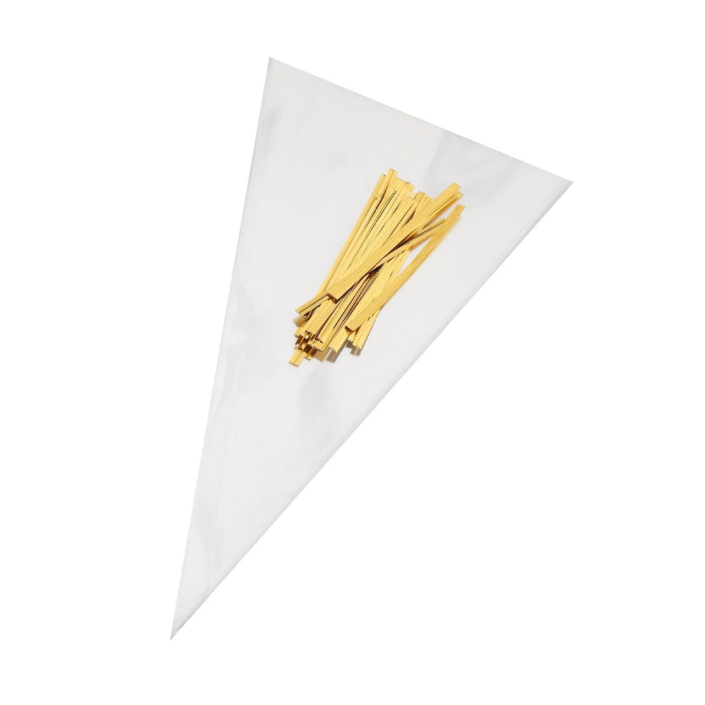 Transparent triangular OPP plastic packaging bags with tie wire closure in three size options