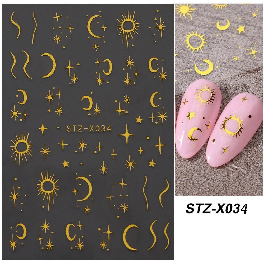 Pack of black and silver striped nail art stickers with cartoon and love pattern designs.