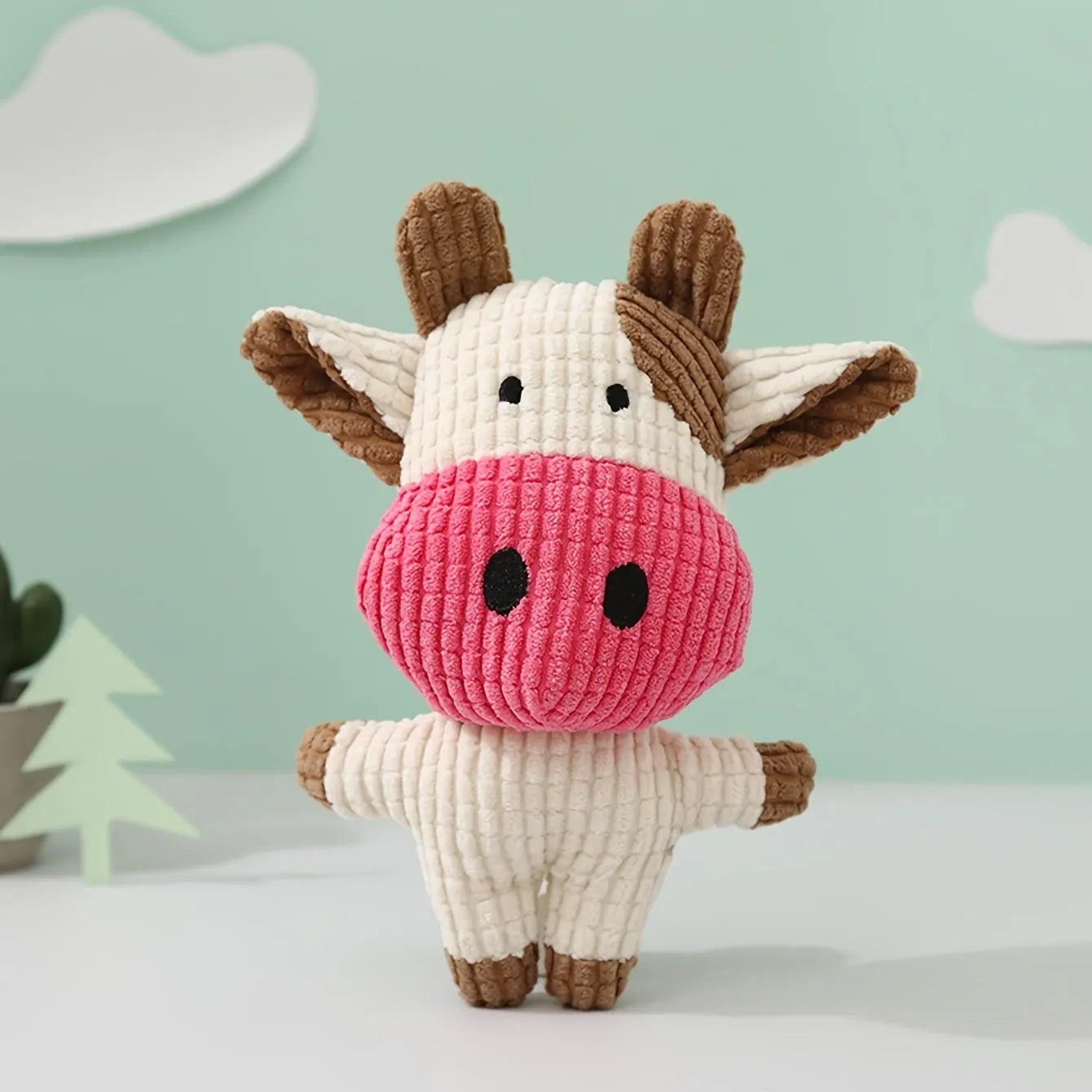 Animal shaped plush dog chew toy with squeaker in blue, brown, cow, grey, pink, white or yellow