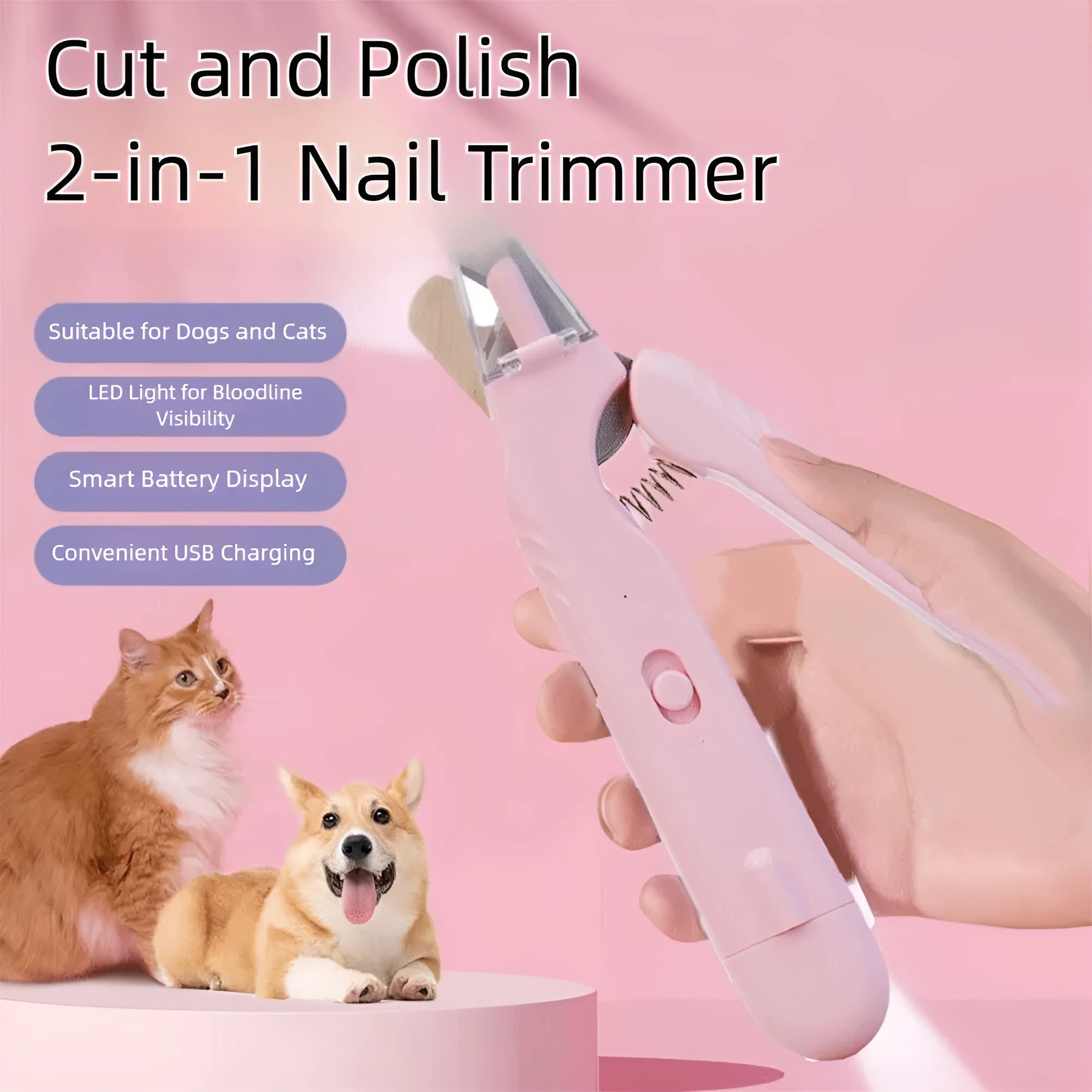 2-in-1 pet nail clipper with LED light and grinder for safe dog and cat nail trimming, white and green