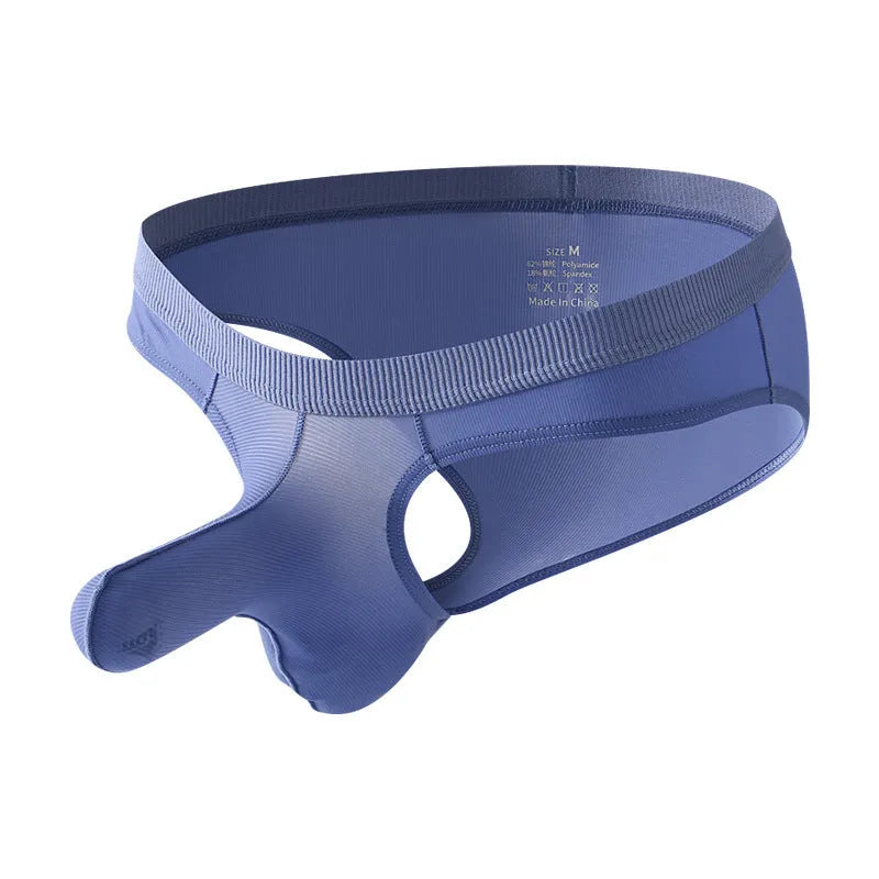 Men's low waist briefs underwear in Ice Silk fabric on a colour swatch showing black, grey, purple blue, light green, and pink.