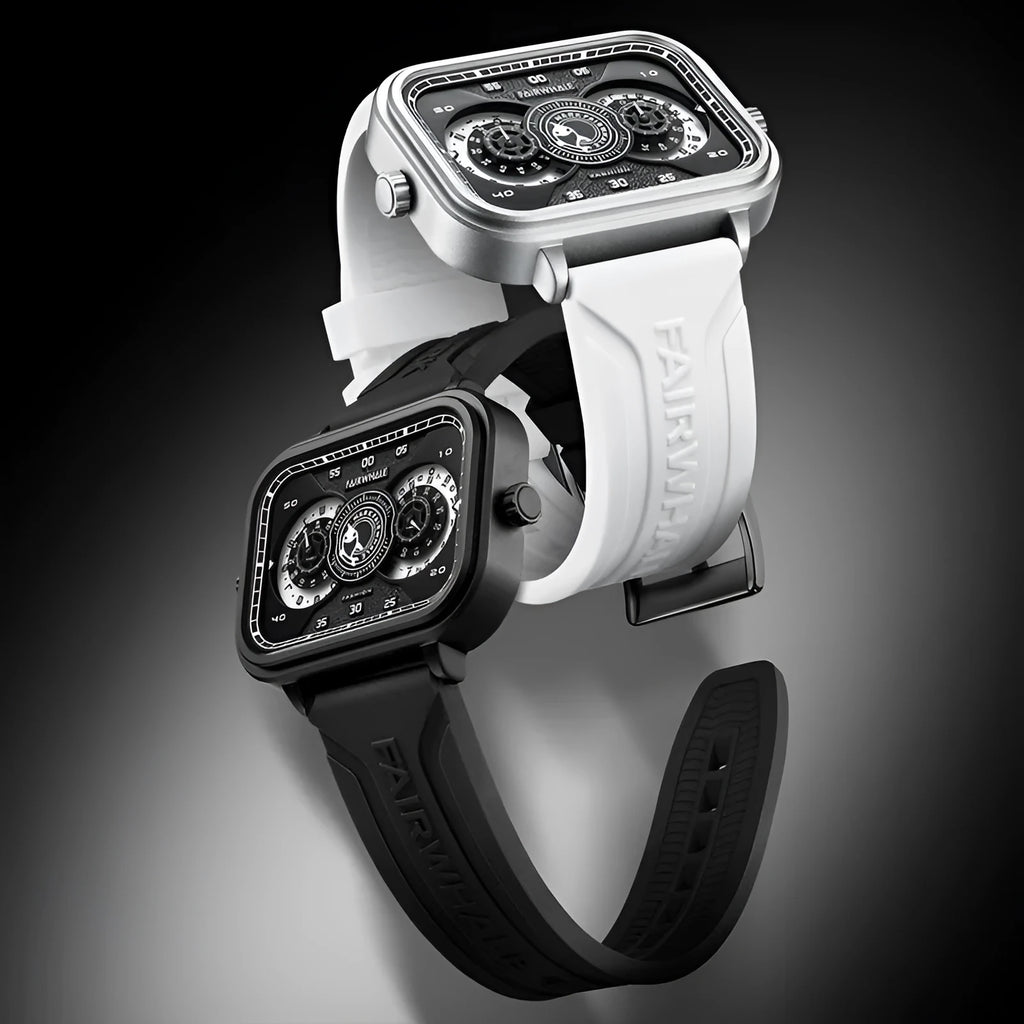 Men's luminous multi-functional waterproof watch with black silicone strap, alloy case, and white dial showing sub-dials and glow-in-dark hands