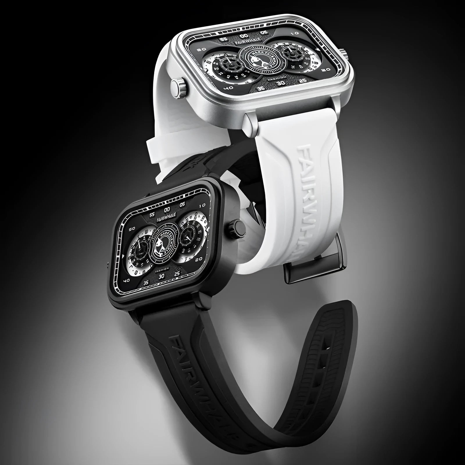 Men's luminous multi-functional waterproof watch with black silicone strap, alloy case, and white dial showing sub-dials and glow-in-dark hands