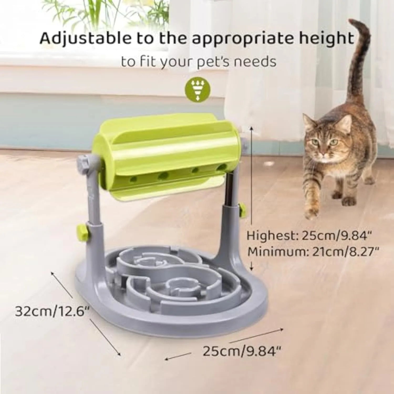 Blue adjustable height interactive pet puzzle feeder bowl with raised food tray patterns