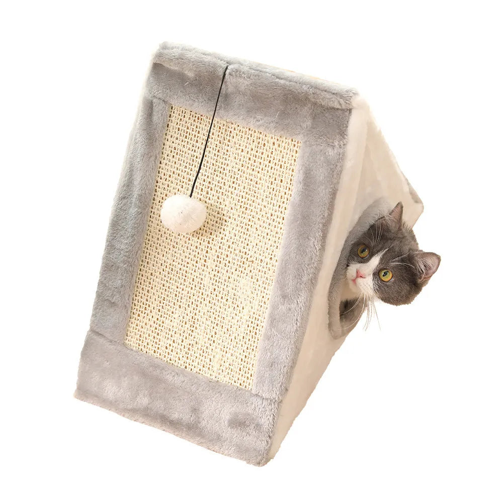 Triangle-shaped cat scratching post with sisal surfaces and integrated plate fur cushion bed
