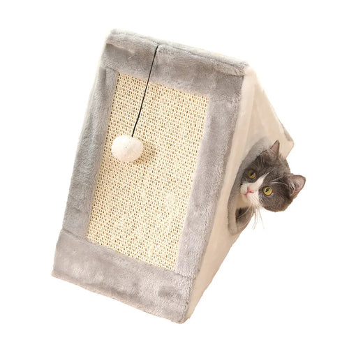 Triangle-shaped cat scratching post with sisal surfaces and integrated plate fur cushion bed