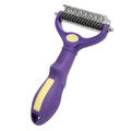 Purple plastic double-sided pet comb for untangling knots on dog and cat fur.