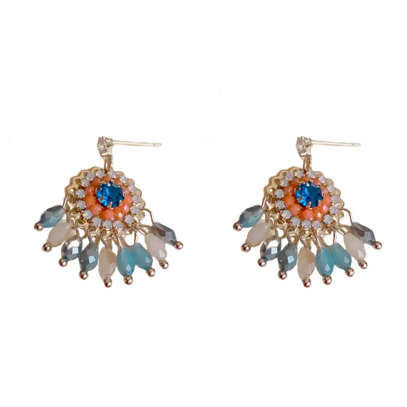 Diamond embedded round crystal tassel earrings in thick gold plated copper, geometric line style for women