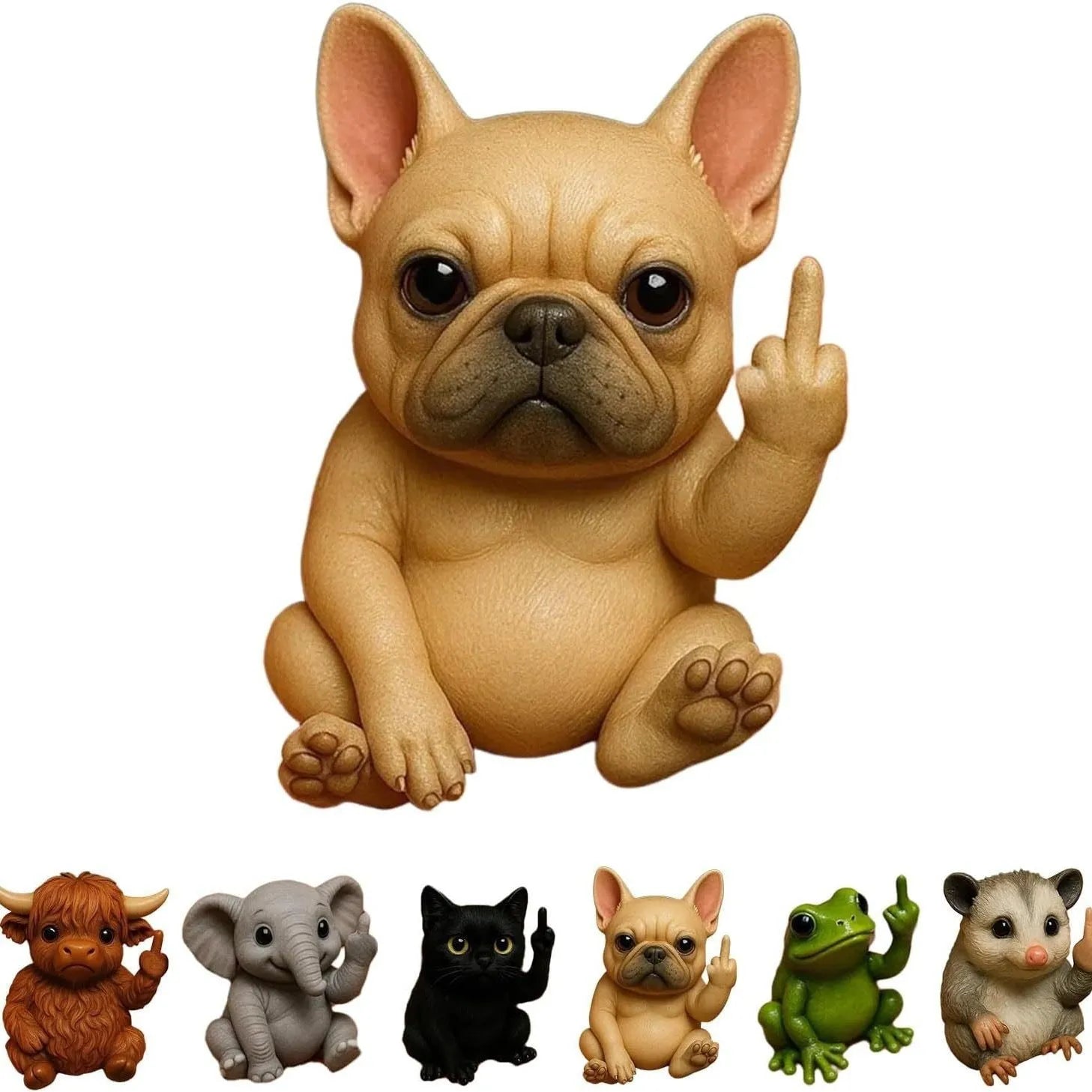 Mini resin animal doll with raised middle finger in dog, cat, elephant, frog, mouse, turtle, or Highland cattle style.