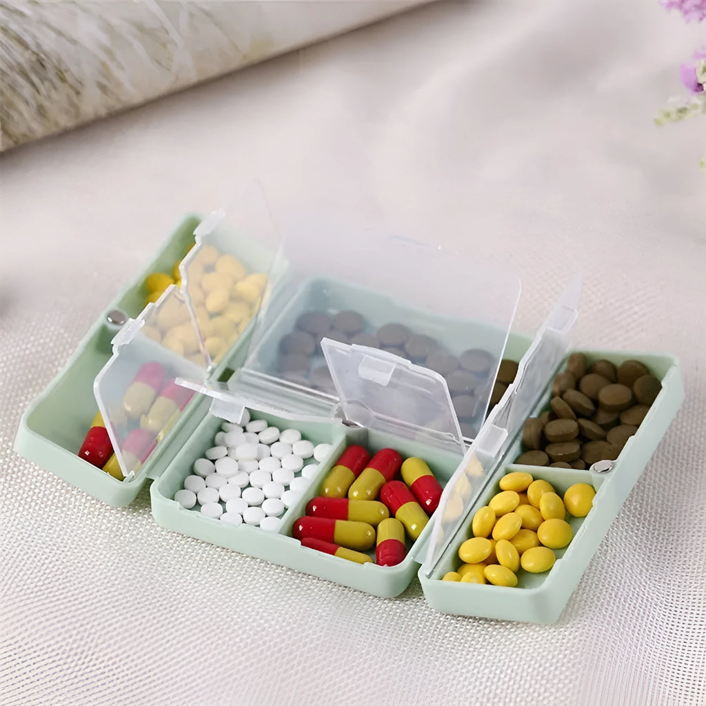 Four-color magnet 7-grid pill box in solid blue colour showing foldable covered design with seven compartments