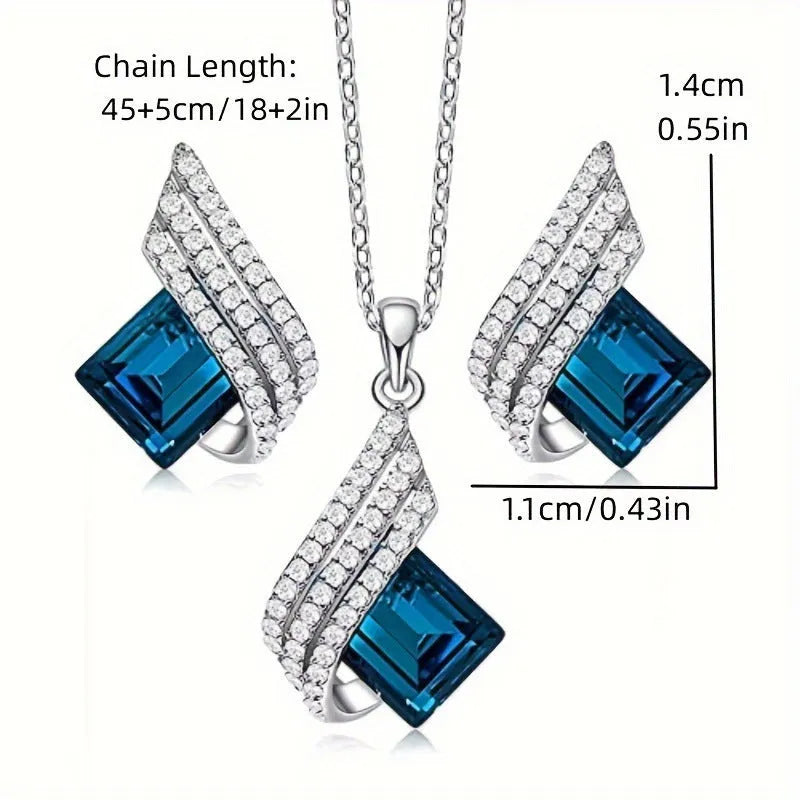 Women's alloy and glass necklace with matching ear stud set featuring cross chain design