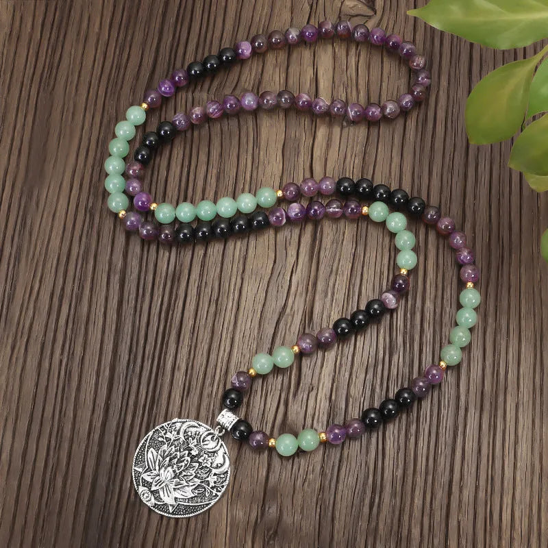 Yoga lotus pendant necklace and bracelet set with handmade stone beads and geometric alloy pendant
