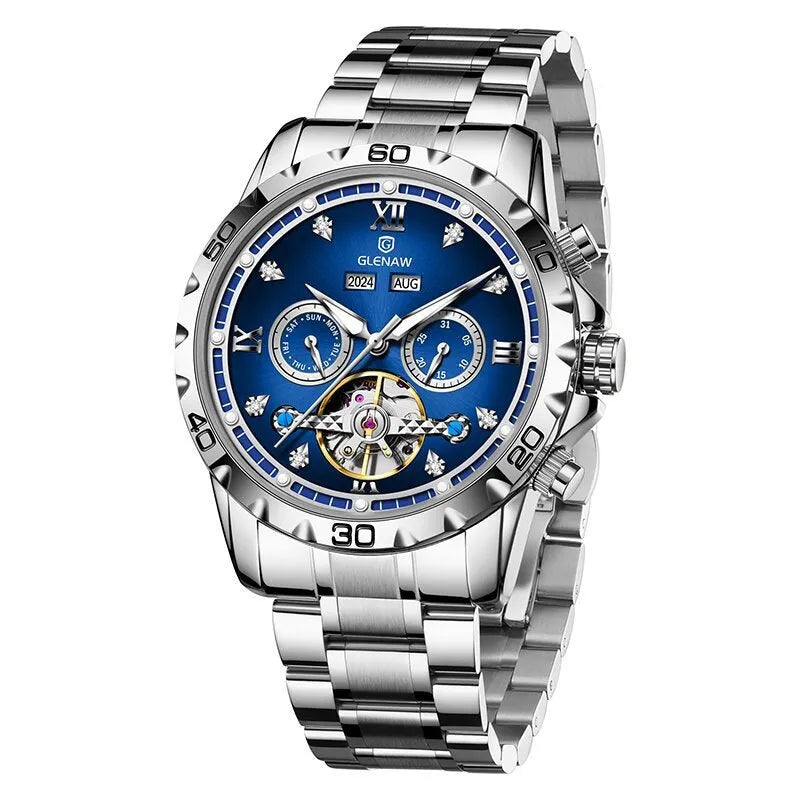 Men's automatic mechanical watch with stainless steel strap and mineral glass in multiple colour options