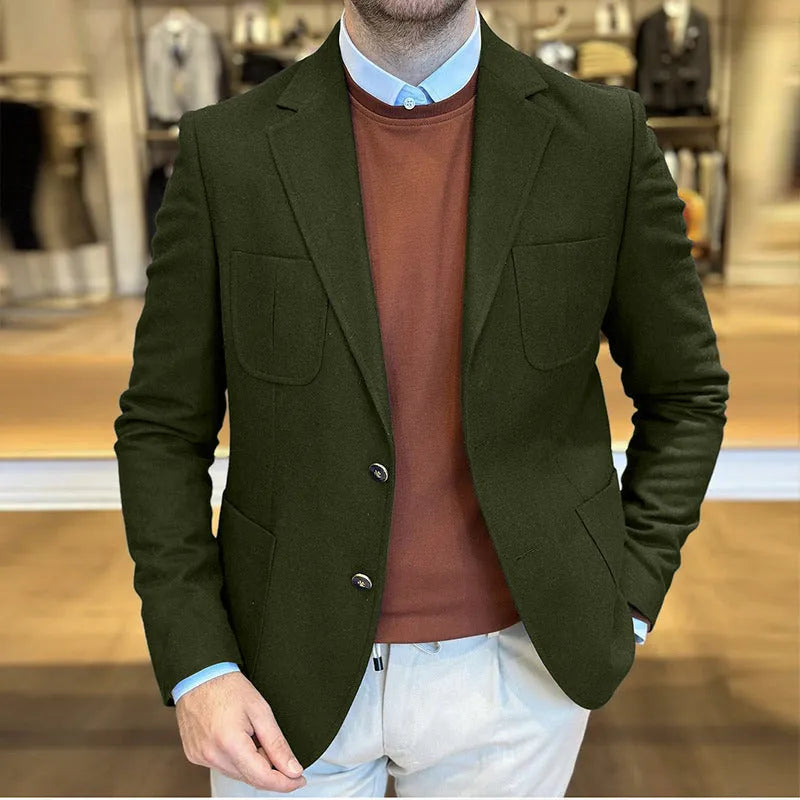 Men's loose fit cotton casual jacket in army green colour, retro tailored style