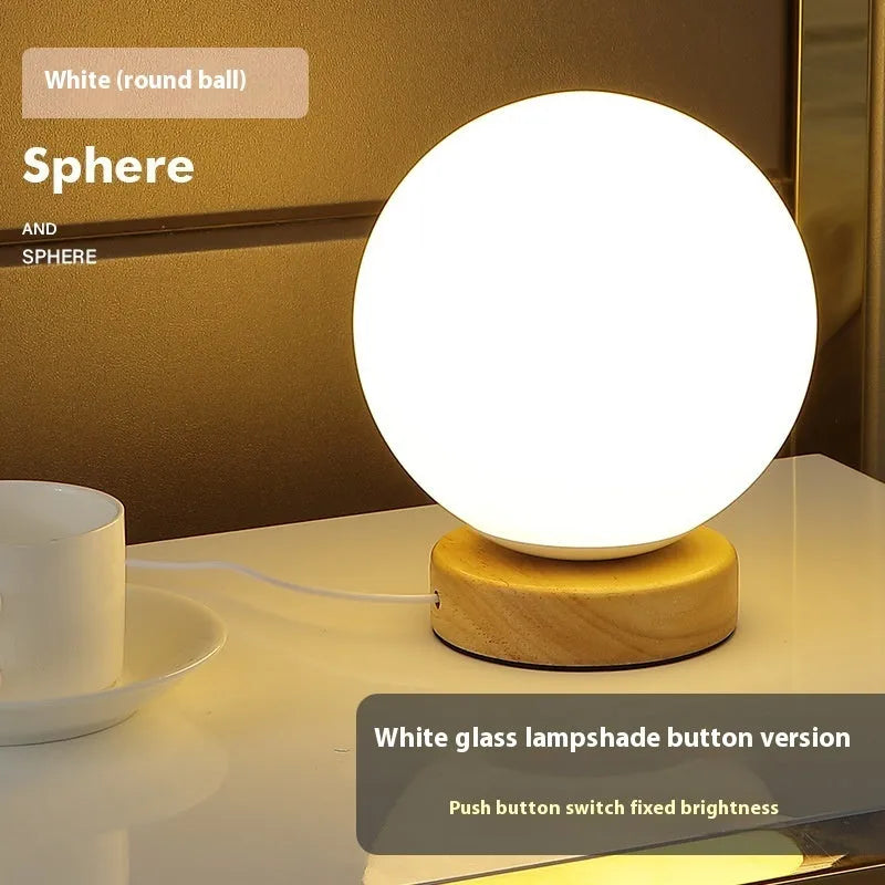 Nordic solid wood USB table lamp in cube style with touch dimming control on wooden desk