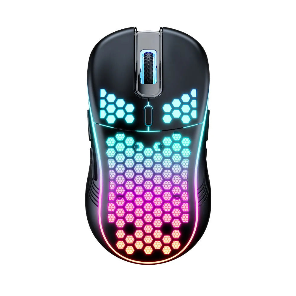 SA-1 dual mode honeycomb shell RGB wireless gaming mouse in black with honeycomb pattern and glowing scroll wheel
