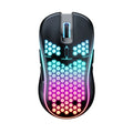 SA-1 dual mode honeycomb shell RGB wireless gaming mouse in black with honeycomb pattern and glowing scroll wheel