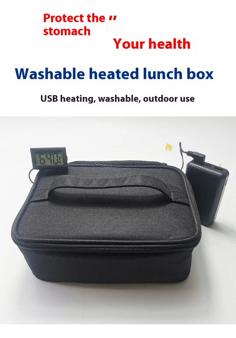 USB heating lunch bag in black Oxford cloth with power cord and thermal interior
