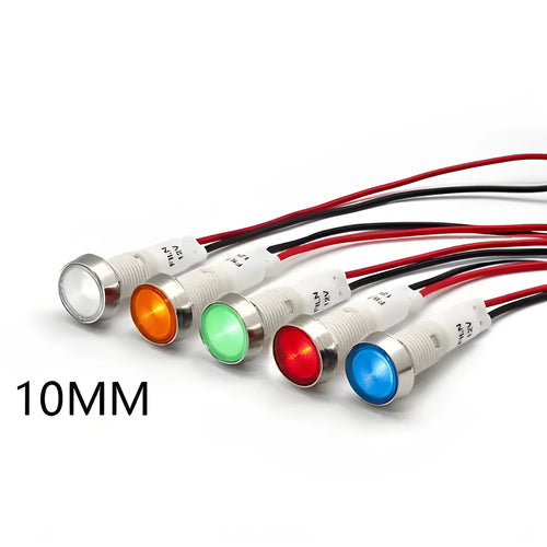 10mm stainless steel bezel plastic indicator light with wire, shown in multiple colour options.