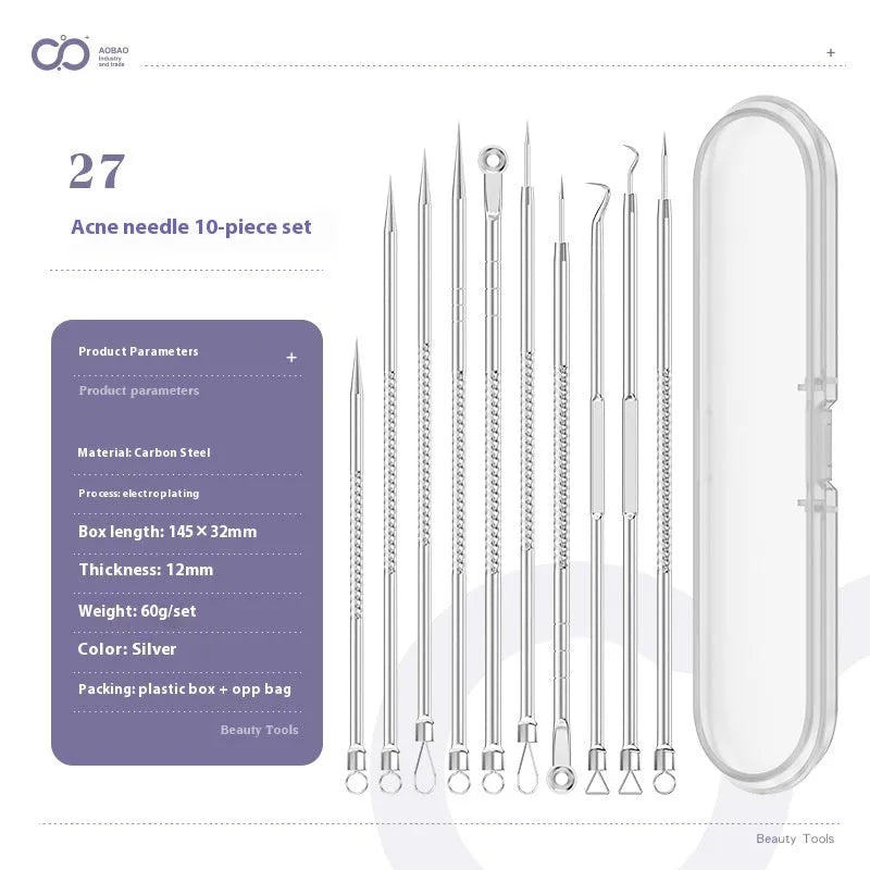 Four silver metal acne needles with ultra-fine pointed tips for skin treatment.
