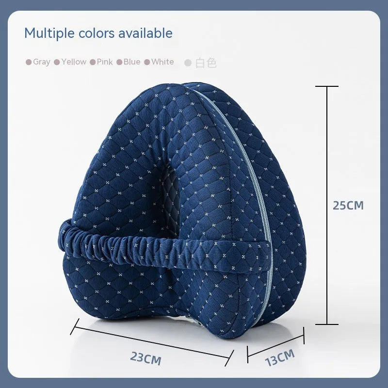 Heart-shaped memory foam leg pillow in blue colour showing dimensions of 25x23x13 cm