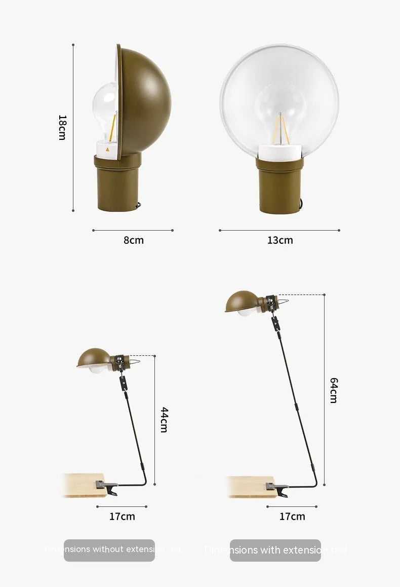 Outdoor camping tent hanging lamp with metal construction, Wood Grain colour, hanging from a tent loop