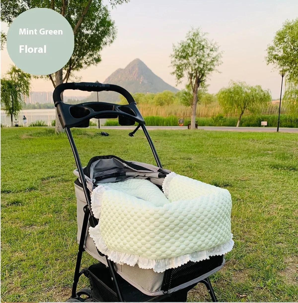 Pet stroller three-piece set showing removable cotton towel, cushion and pillow for cats and dogs