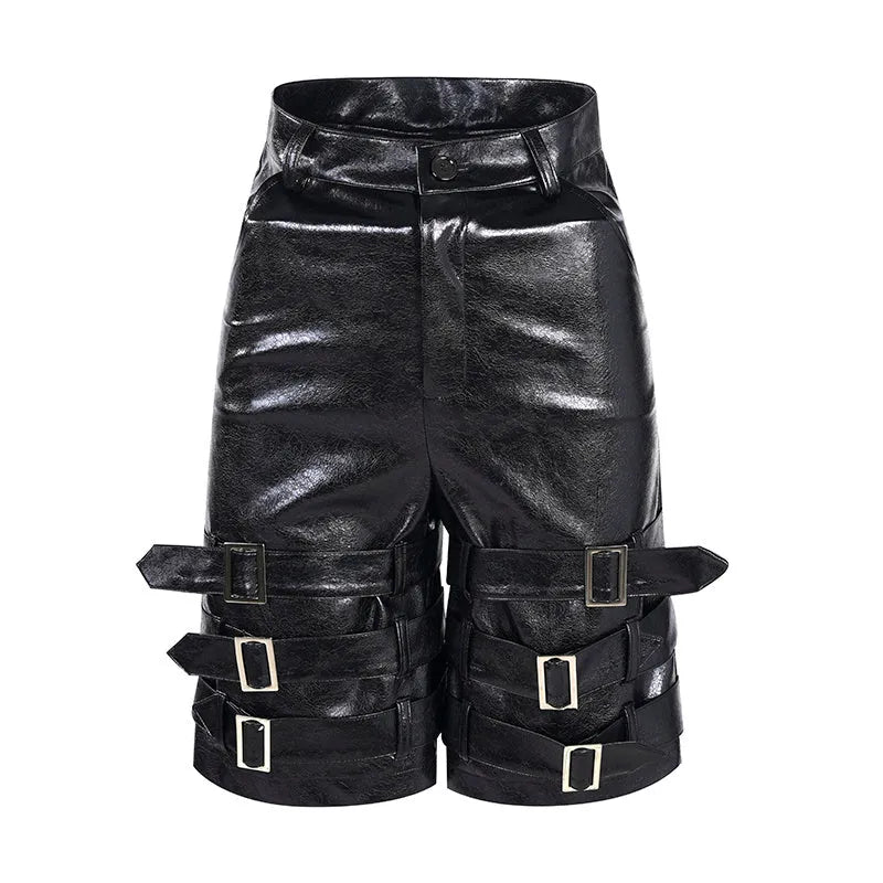 Men's black PU leather cropped shorts with mid-low waist design