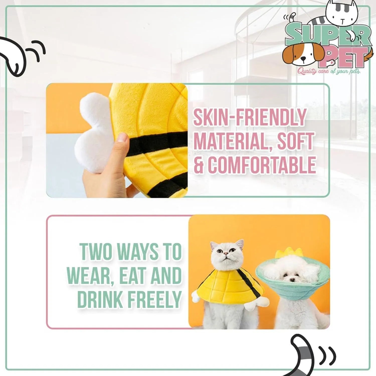 Soft bee design cat cone collar with adjustable velcro closure
