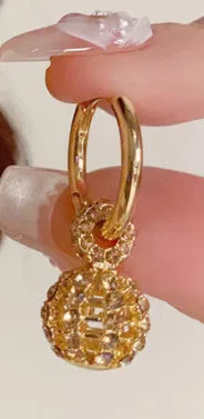 Coffee colour full diamond hollow ball ear clip with thick real gold plating on copper for women, geometric round shape.