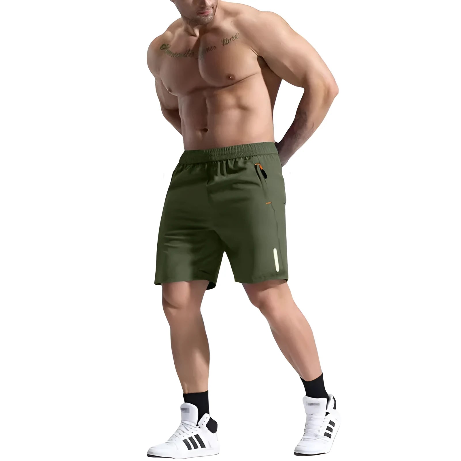 Men's elastic waist shorts in army green made from bamboo and polyester blend fabric for sports.