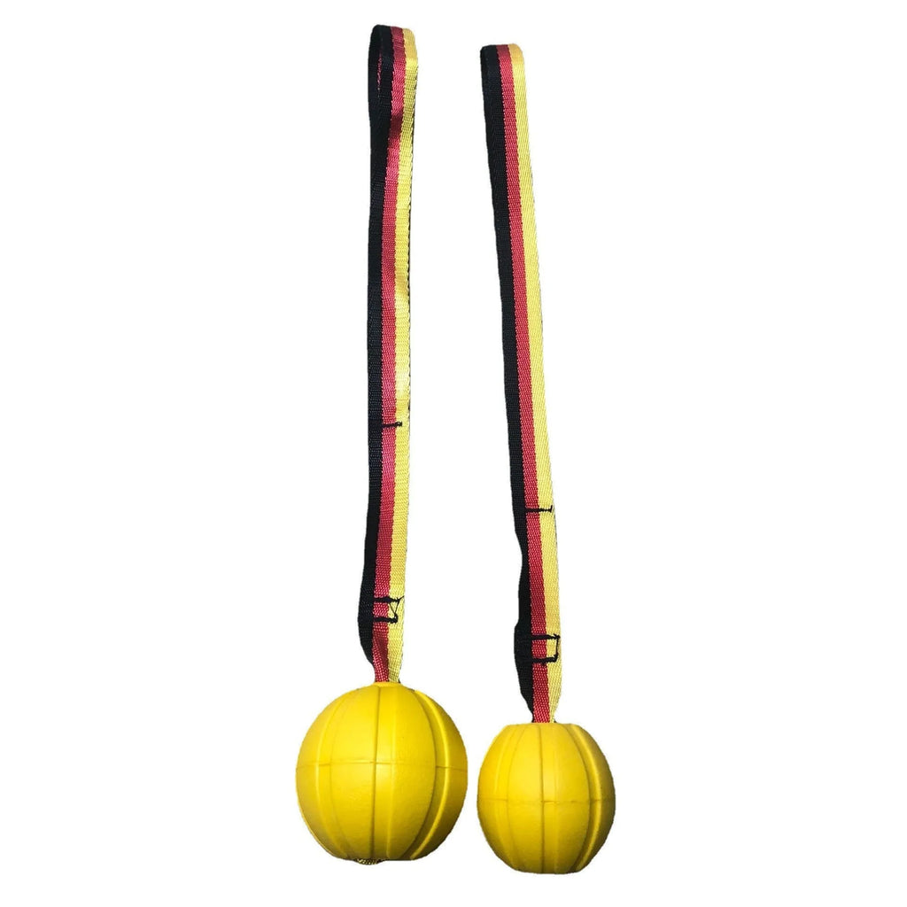 Floating camouflage and yellow EVA string ball dog toy shown in 6.5cm, 7cm and 9cm diameter sizes