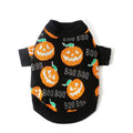 Black dog sweater with orange pumpkin pattern for Halloween, available in sizes S to XXL