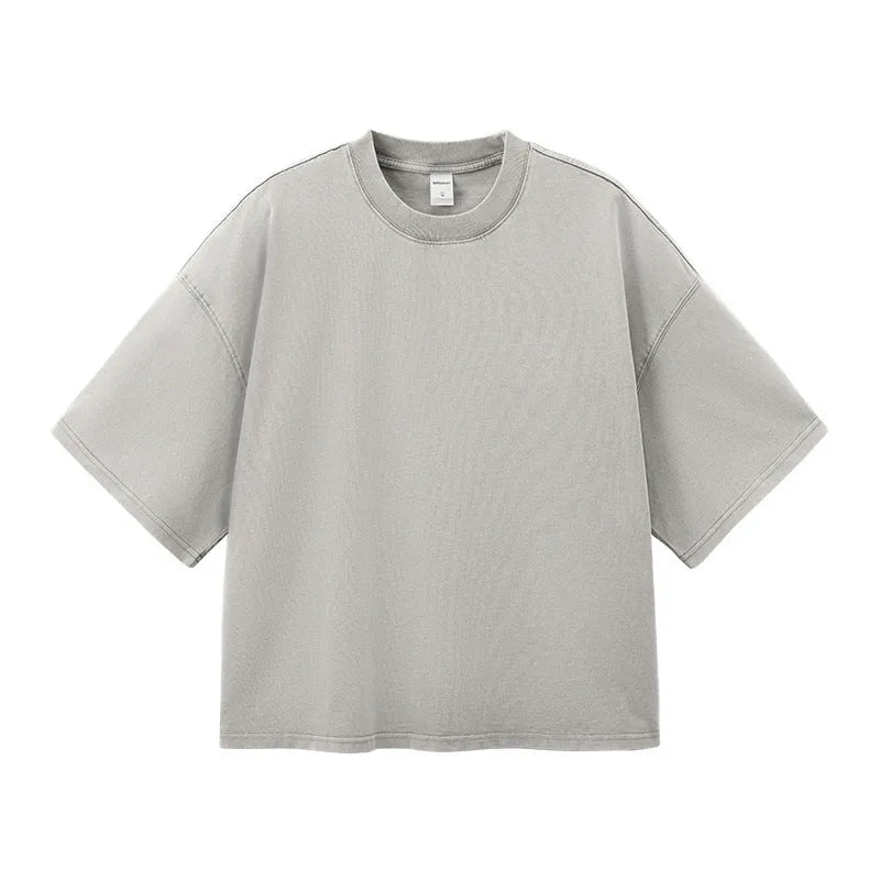 Men's vintage-style cotton t-shirt in khaki light colour with loose fit and drop-shoulder sleeves