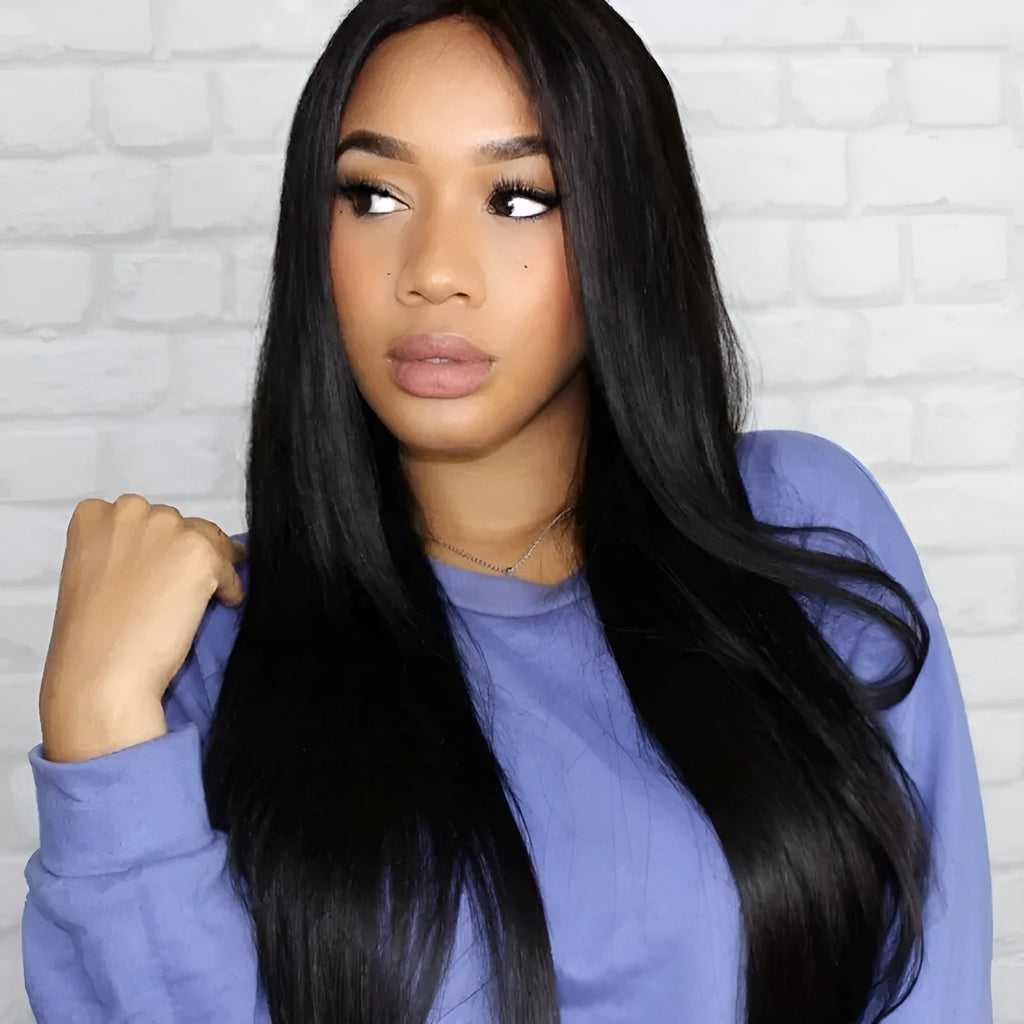Women's long black straight synthetic wig with centre-parted bangs.