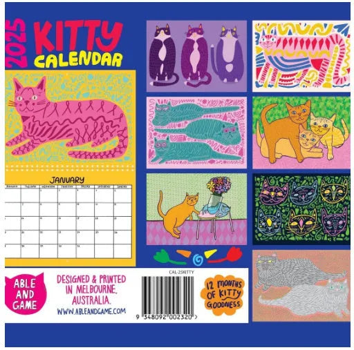 Cat calendar wall planner showing monthly grids with feline illustrations on A4 paper