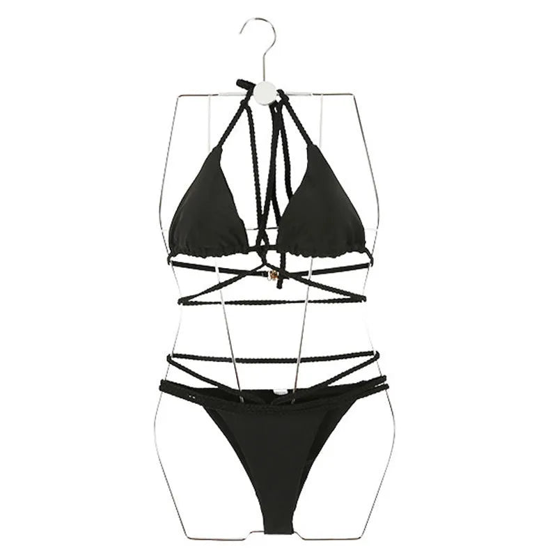 Hot spring swimsuit vacation bikini two-piece set in black nylon with top and pants