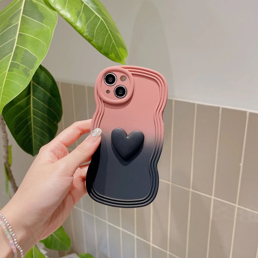 Liquid silicone wavy edge love gradient phone case for iPhone in red gradient black colour