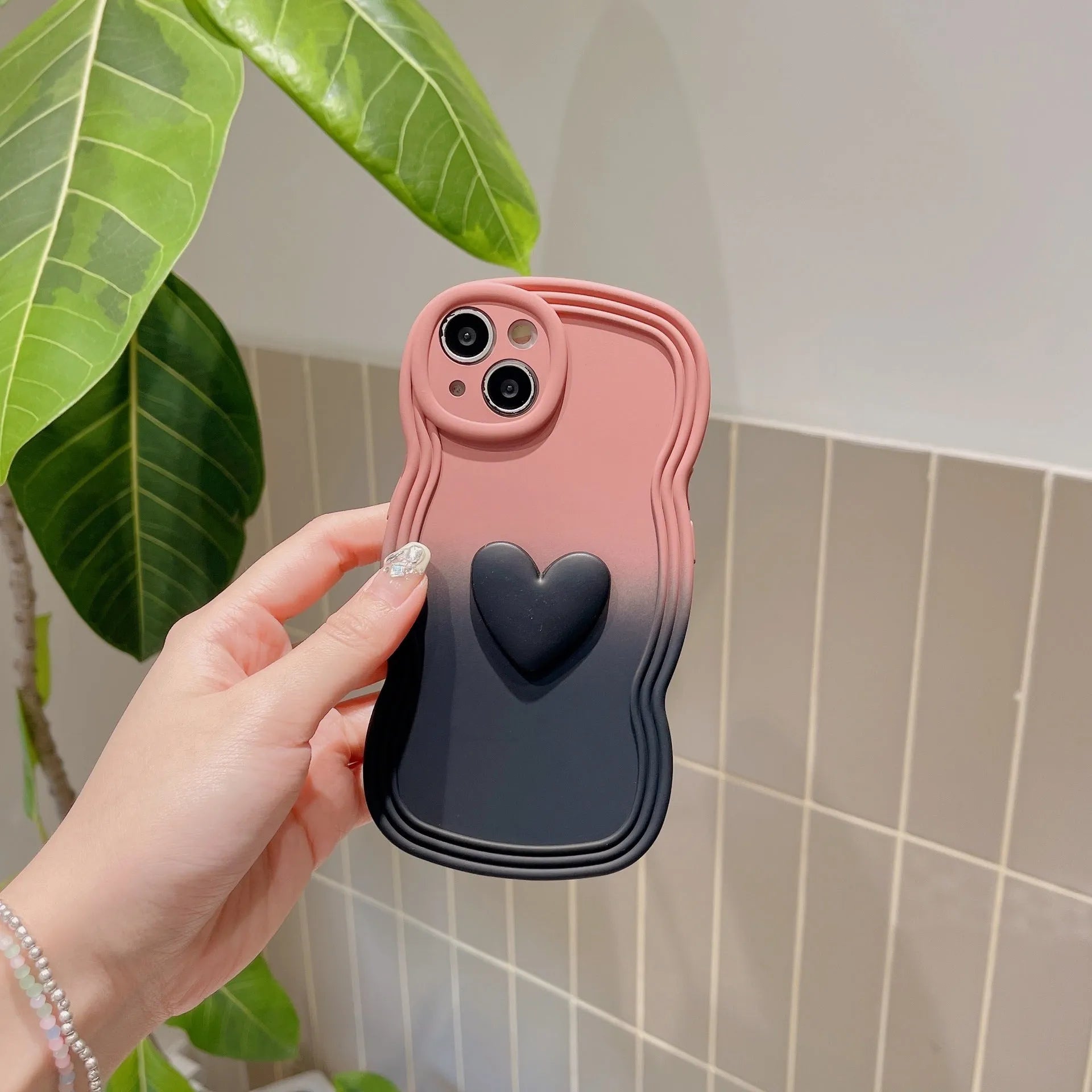 Liquid silicone wavy edge love gradient phone case for iPhone in red gradient black colour