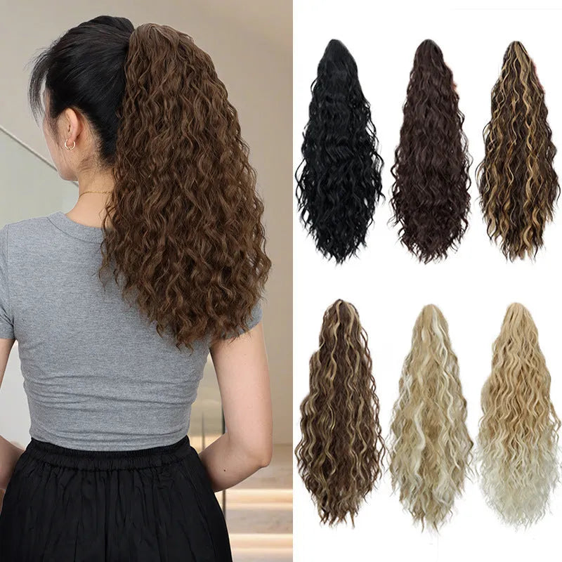Synthetic corn curler wig ponytail with water ripple grip texture in multiple colour options on a white background.