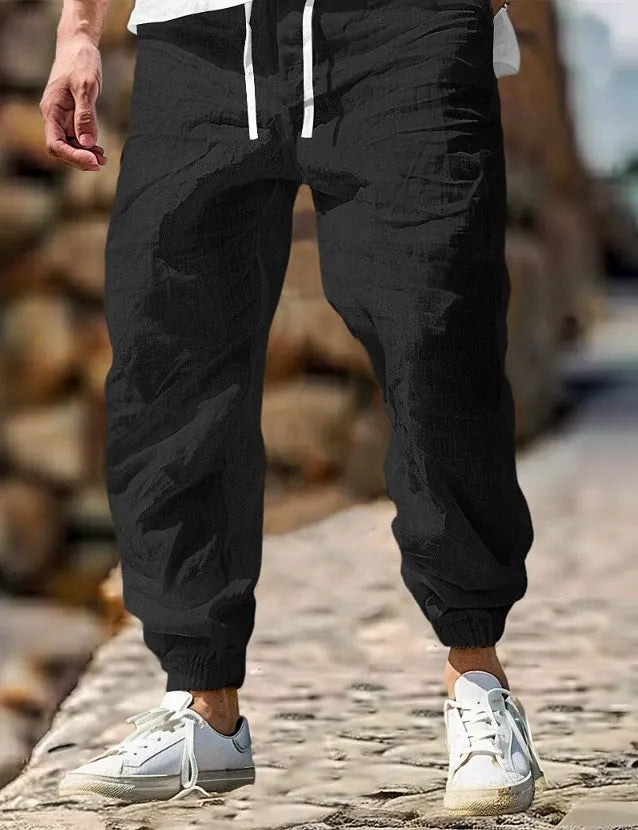 Men's straight-leg linen trousers with elastic waistband in seven summer colour options